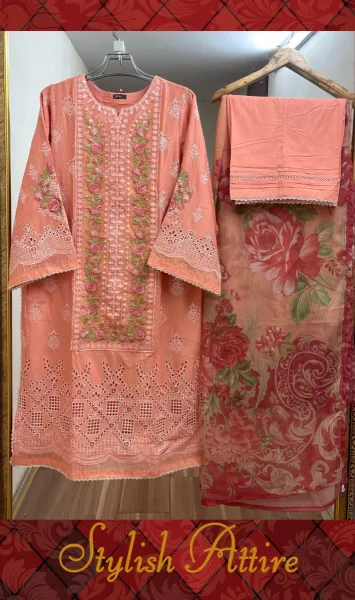 Pakistani Original Adan’s Libas Luxury Lawn Stitched 3 Pcs _ Peach 